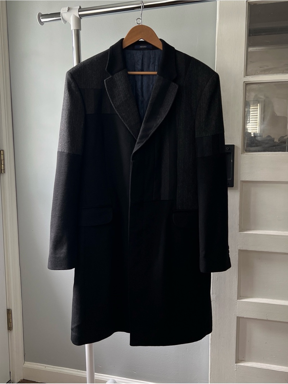 Vintage Kenzo Homme Slim Fit Black Patchwork Wool Pea Coat